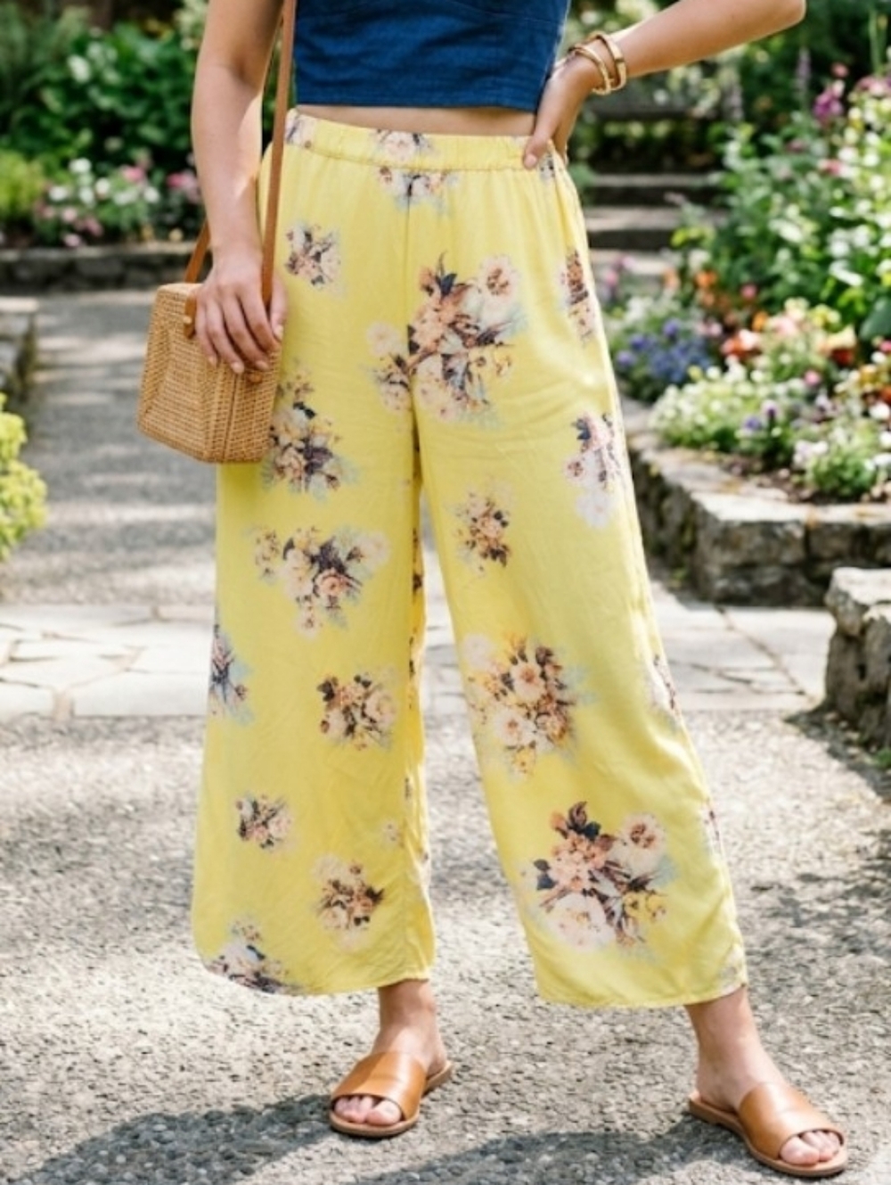 Anthro Linen Blend Yellow Floral Wide-Leg Pants (Sz6) Boho Beach Garden Floral